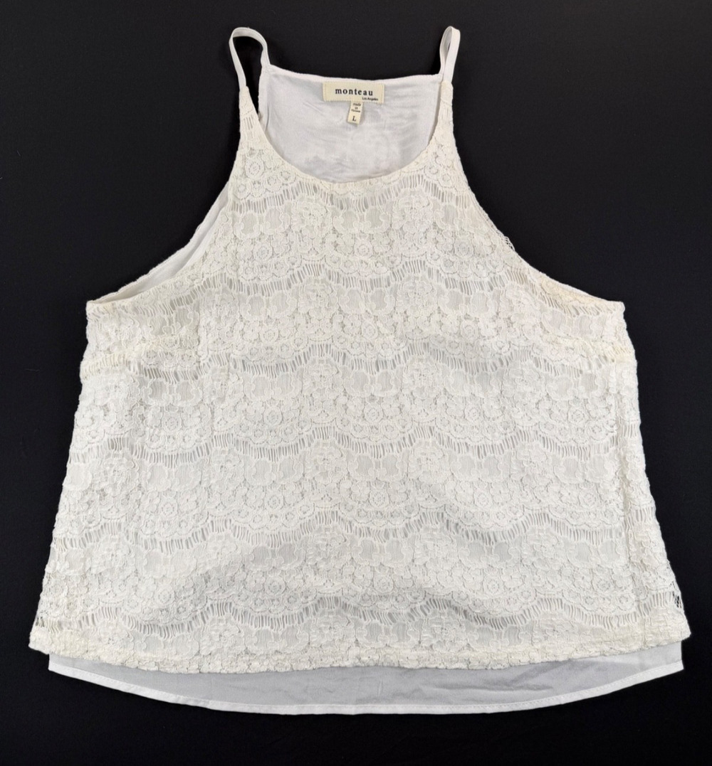 Monteau White Lace Sleeveless Shirt / Tank Top (Women's L)